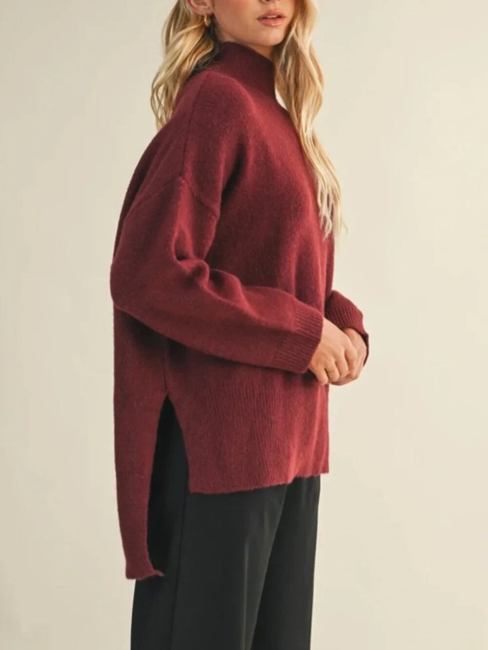 Mustard Seed Oversized Mock Neck High Low Sweater - Burgundy - Picture 2 of 15